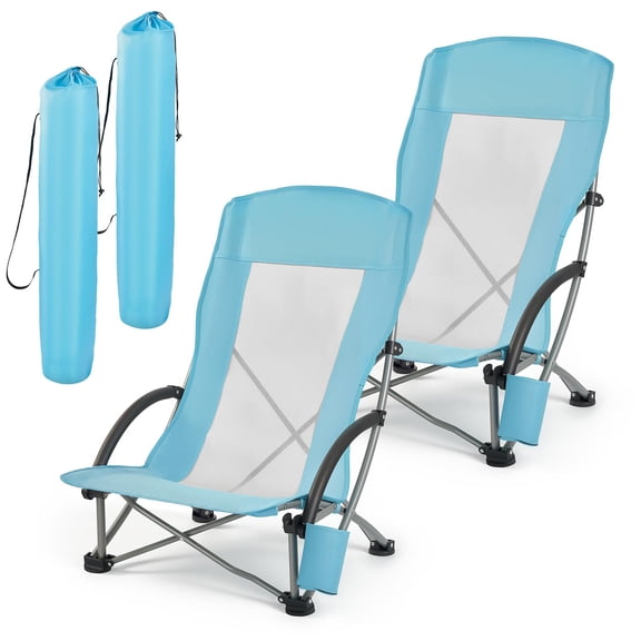 KFFKFF Folding Beach Chair, High Back Camping Chairs for Adults, featuring Cup Holder, Mesh Backrest, Carry Bag, Portable Wide Seat Design with 330 lbs Weight Capacity, Light Blue, Set of 2