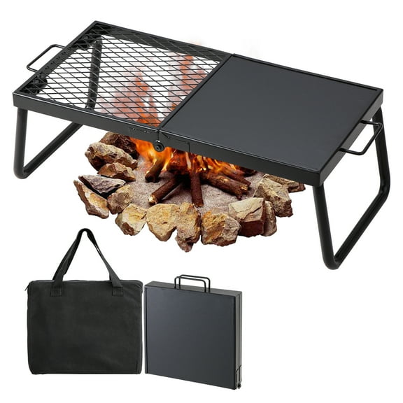 KFFKFF Folding Campfire Grill, Collapsible Outdoor Grill, Heavy Duty Steel Camp Fire Grill, 24"×12" Compact Travel-Friendly Grates for Fire Pit, Camping Cookware with Stand and Transport Sack