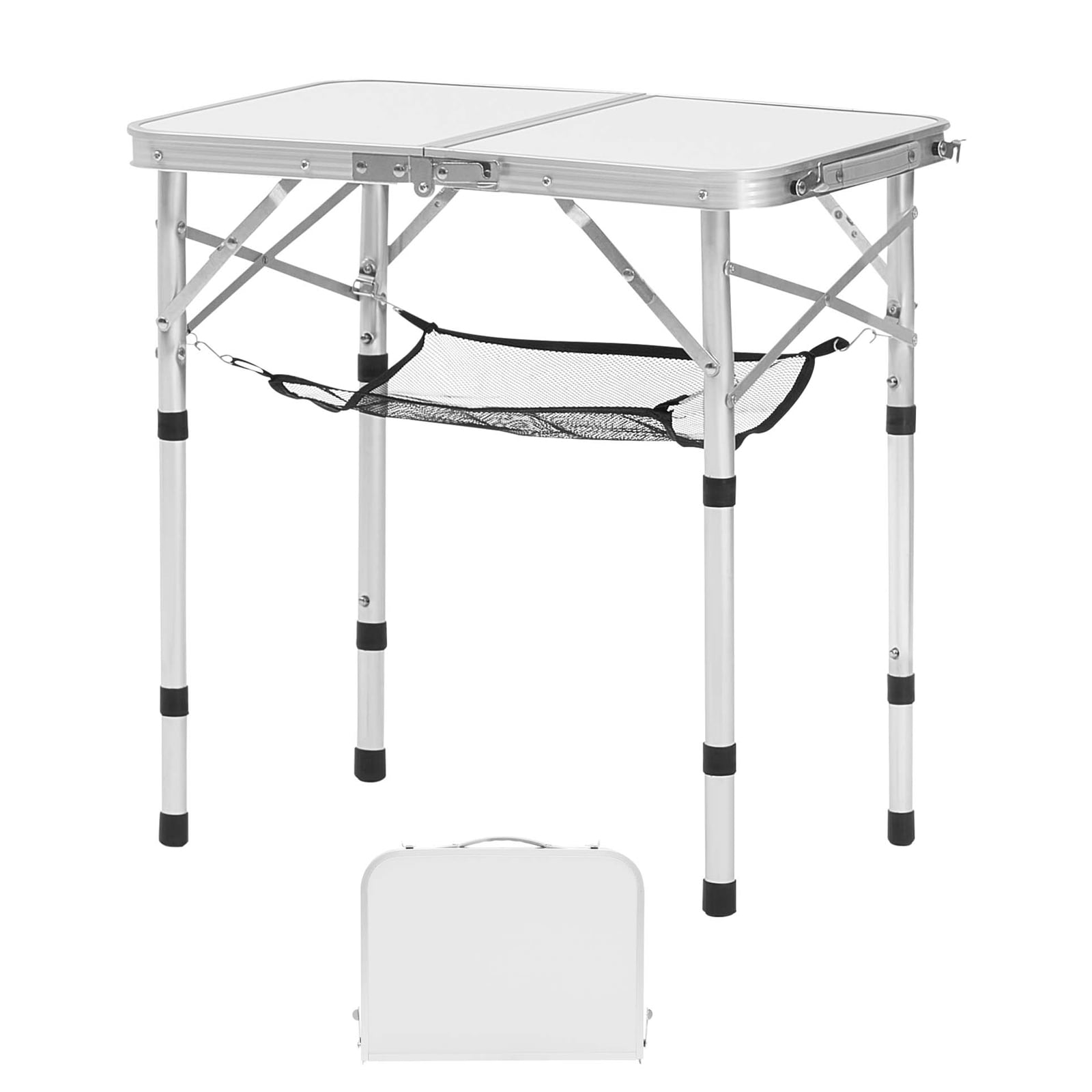 KFFKFF Folding Camping Table, Adjustable Height Portable Side Table, Aluminum MDF Outdoor Table with Mesh Shelf, Carry Handle, Lightweight and Compact for Picnic, BBQ, and Cooking, 24x16in, Silver