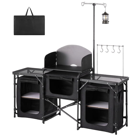 KFFKFF Folding Camping Table with Portable Design, Quick Setup Kitchen Station, Storage Organizer, Adjustable Legs, Detachable Windscreen, and Carry Bag for Outdoor Activities, Picnics, BBQs