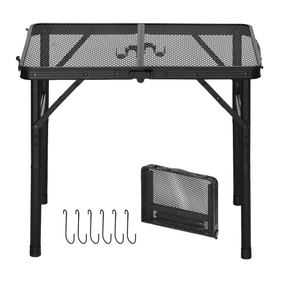 KFFKFF Folding Grill Table 24x16 in Camping Table, 90 lbs Capacity, Lightweight Aluminum Design for Picnic,BBQ, Tailgating, Adjustable Height, Outdoor Side Stand with Portable Handle,Black Metal Mesh