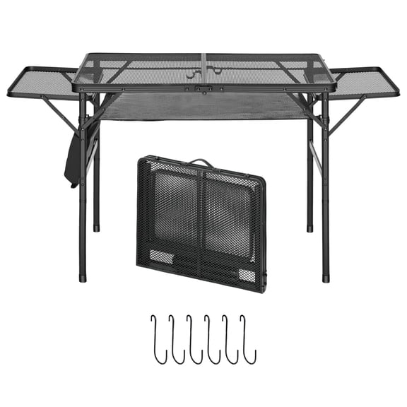 KFFKFF Folding Grill Table with Adjustable Height, 36x24in Camping Station, 120lbs Capacity,Ideal for BBQs,Picnics,and Tailgating,Outdoor Aluminum Stand with Side Panels,Mesh Storage,and Carry Handle