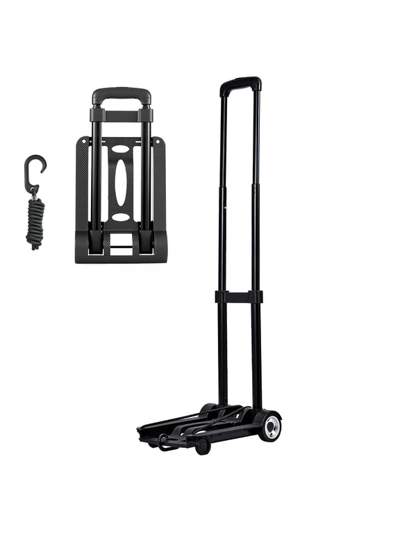 Folding Hand Truck, 110 lbs Load Capacity, Compact Luggage Cart with 2 Wheels & Elastic Rope, Versatile Utility Dolly for Travel, Furniture, Office, and Moving Tasks, Black
