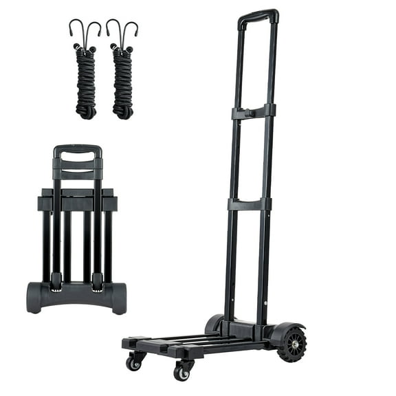 KFFKFF Folding Hand Truck, 290 lbs Capacity, Compact Luggage Cart with 4 Wheels, 2 Elastic Straps & Adjustable Base, Versatile Dolly for Travel, Office, and Moving, Black