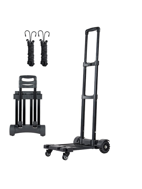 Folding Hand Truck, 290 lbs Capacity, Compact Luggage Cart with 4 Wheels, 2 Elastic Straps & Adjustable Base, Versatile Dolly for Travel, Office, and Moving, Black