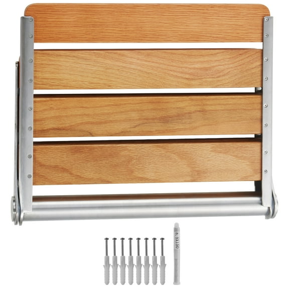KFFKFF Folding Oak Shower Seat, 16.1" x 13.4" Unfolded, Wall-Mounted Foldable Shower Bench with 440 lbs Weight Capacity, Compact Fold-Down Chair for Bathroom Use, Suitable for Elderly
