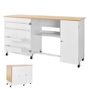 KFFKFF Folding Sewing Table with Cabinet, Multipurpose Sewing Machine Desk Featuring Charging Port, Compact Build, Wheels, Wooden Pegs, Storage Compartments, and Shelf for Crafting and Home Use
