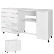 KFFKFF Folding Sewing Table with Cabinet, Versatile Sewing Machine Table Featuring Compact Design, Wheels, Wooden Pegs, Storage Compartments, Magnetic Door, Craft Workspace