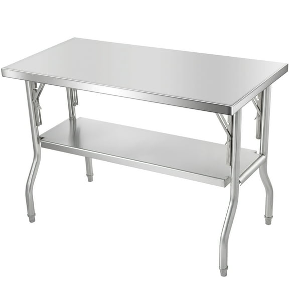 KFFKFF Folding Stainless Steel Work Table, 48" x 24" Industrial Grade Worktable with Shelf, Durable Stainless Steel Foldable Table, Supports up to 300 lbs, Ideal for Kitchen, Restaurant, Garage