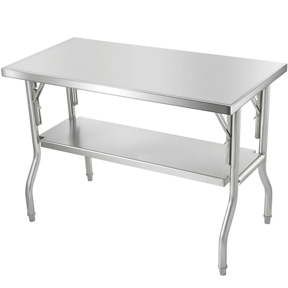 KFFKFF Folding Stainless Steel Work Table, 48" x 24" Industrial Grade Worktable with Shelf, Durable Stainless Steel Foldable Table, Supports up to 300 lbs, Ideal for Kitchen, Restaurant, Garage