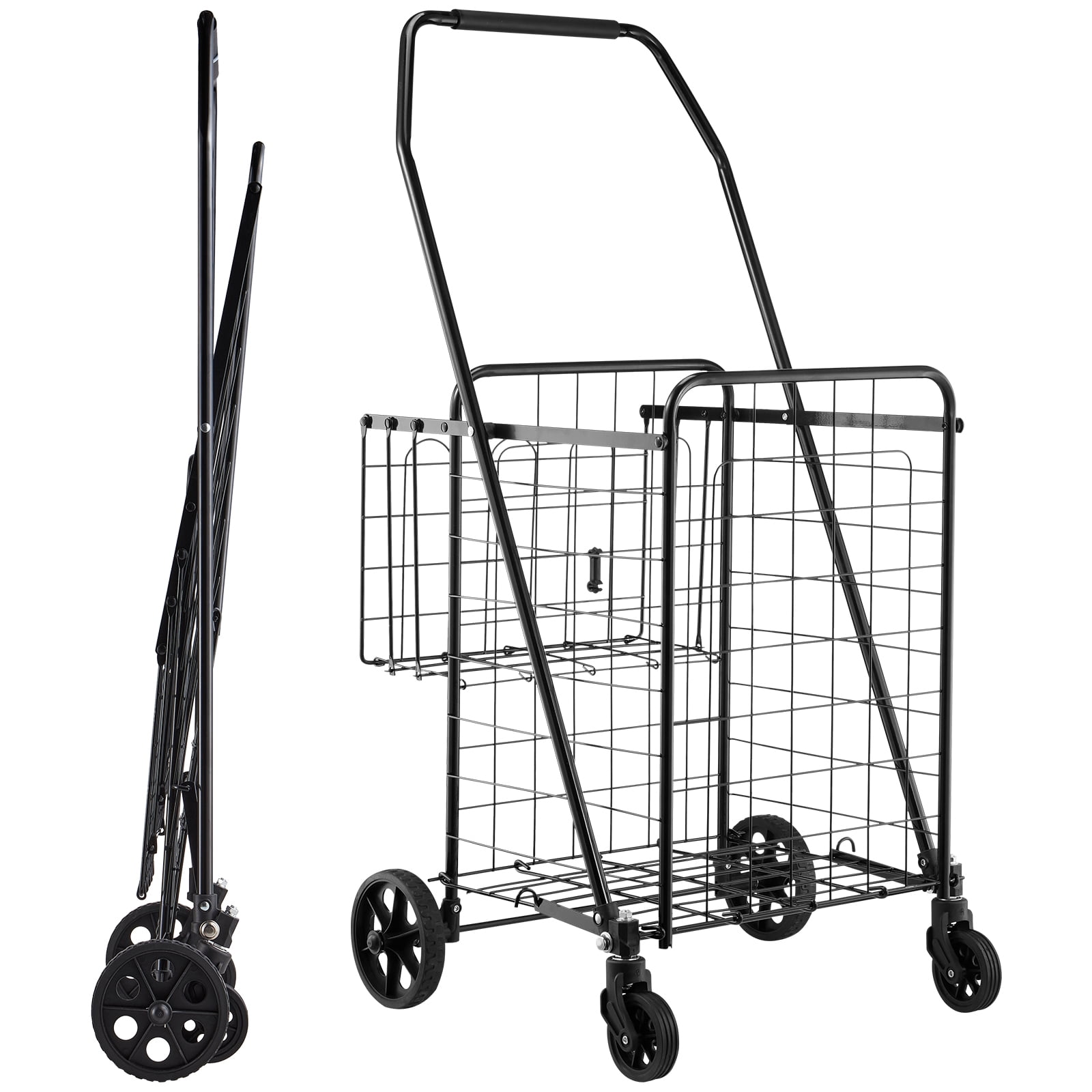 KFFKFF Foldable Shopping Cart with Dual Baskets, Waterproof Liner & Wheels, Durable Laundry Basket for Shopping, Camping, Groceries, and Luggage