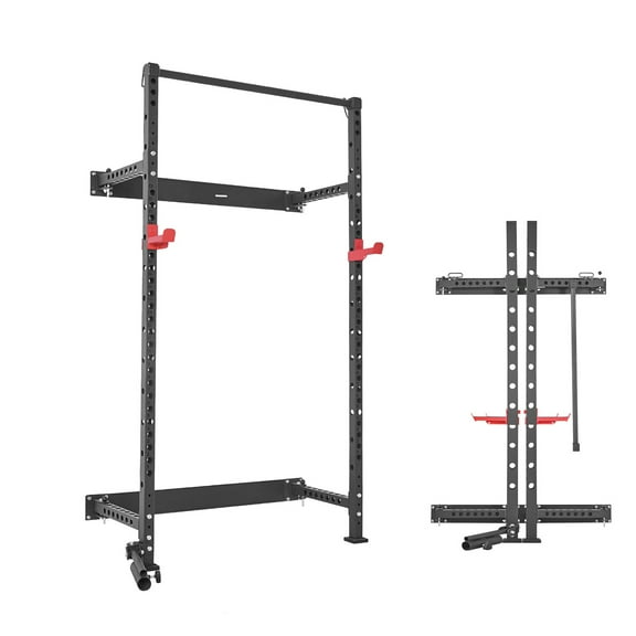 KFFKFF Folding Wall-Mounted Power Cage, Multifunctional Squat Rack for Strength Training, Home Gym Equipment with Adjustable J-Hooks, Pull-Up Bar, Landmine Holder, and 1000LBS Weight Capacity