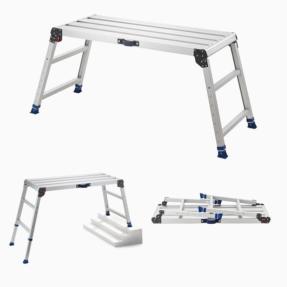 KFFKFF Folding Work Platform, Adjustable Height 23-34.5 in, 40 x 18 in Aluminum Step Stool, 500 lbs Capacity, Durable Non-Slip Platform Ladder, Portable Work Bench for Painting and Maintenance