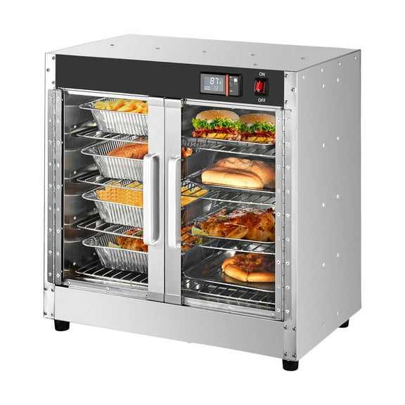 KFFKFF Food Heating Unit, Quad-Level Snack Heater with Hydration Drawer, 4 Containers, Transparent Twin-Doors and Movable Racks, Metallic Food Heating Compartment, Perfect for Holding Pizza, Poultry