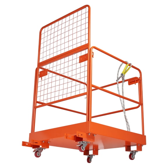 KFFKFF Forklift Safety Cage, 36.2 x 41.1 Inch, Man Basket with 4 Wheels, 1200 lbs Capacity, Durable Work Platform, Collapsible Lift Basket with Safety Harness for Aerial Lifting Tasks