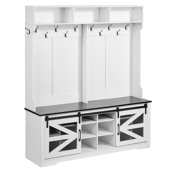 KFFKFF Foyer Unit, Timber Foyer Unit with Seating and Footwear Organizer, Ivory Foyer Unit with Garment Hanger, Modifiable Shelving and 12 Hook Attachments, Anteroom Furnishings with USB Illumination