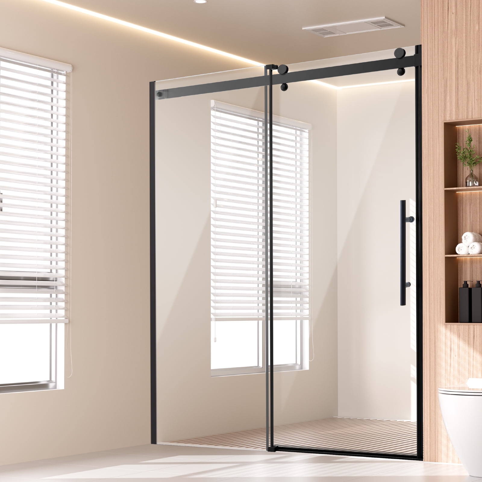 KFFKFF Frameless Sliding Shower Door, 58-59 W x 75 H in, Clear 5/16 in (8mm) Tempered Glass with Stainless Steel Components, Matte Black Finish, Waterproof and Easy to Clean