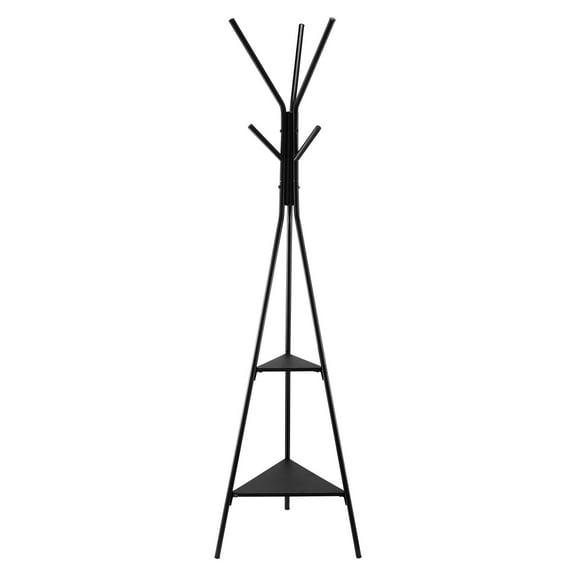 KFFKFF Freestanding Coat Rack with 2 Shelves & 6 Hooks, Modern Hall Tree for Entryway, Bedroom, Living Room, Clothes Hanger Stand for Coats, Hats, Scarves, and Bags