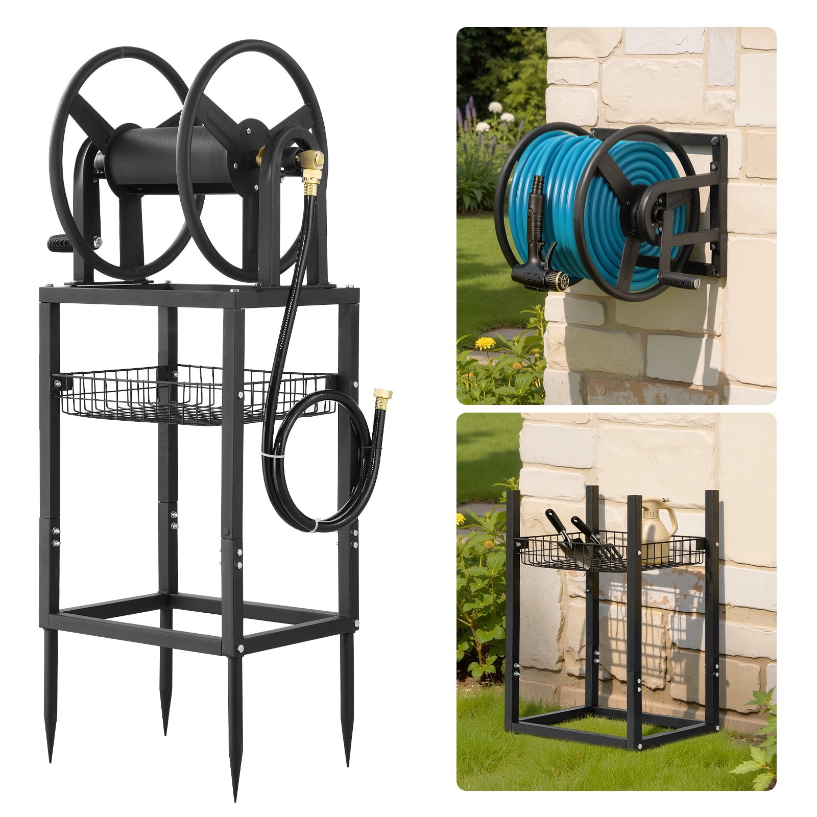 KFFKFF Freestanding Garden Hose Reel, Accommodates 200 Feet of 5/8-inch Hose, Wall or Ground Installation, Removable Holder with Storage Shelf, 5 ft Connector Hose, Brass Connector, 4 Ground Stakes