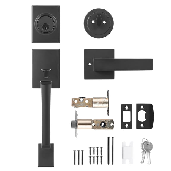 KFFKFF Front Door Handle and Deadbolt Set, Modern Square Design with Lever, Single Cylinder Lock, Adjustable Hole Spacing, Suitable for Right or Left-Handed Doors, Matte Black Finish