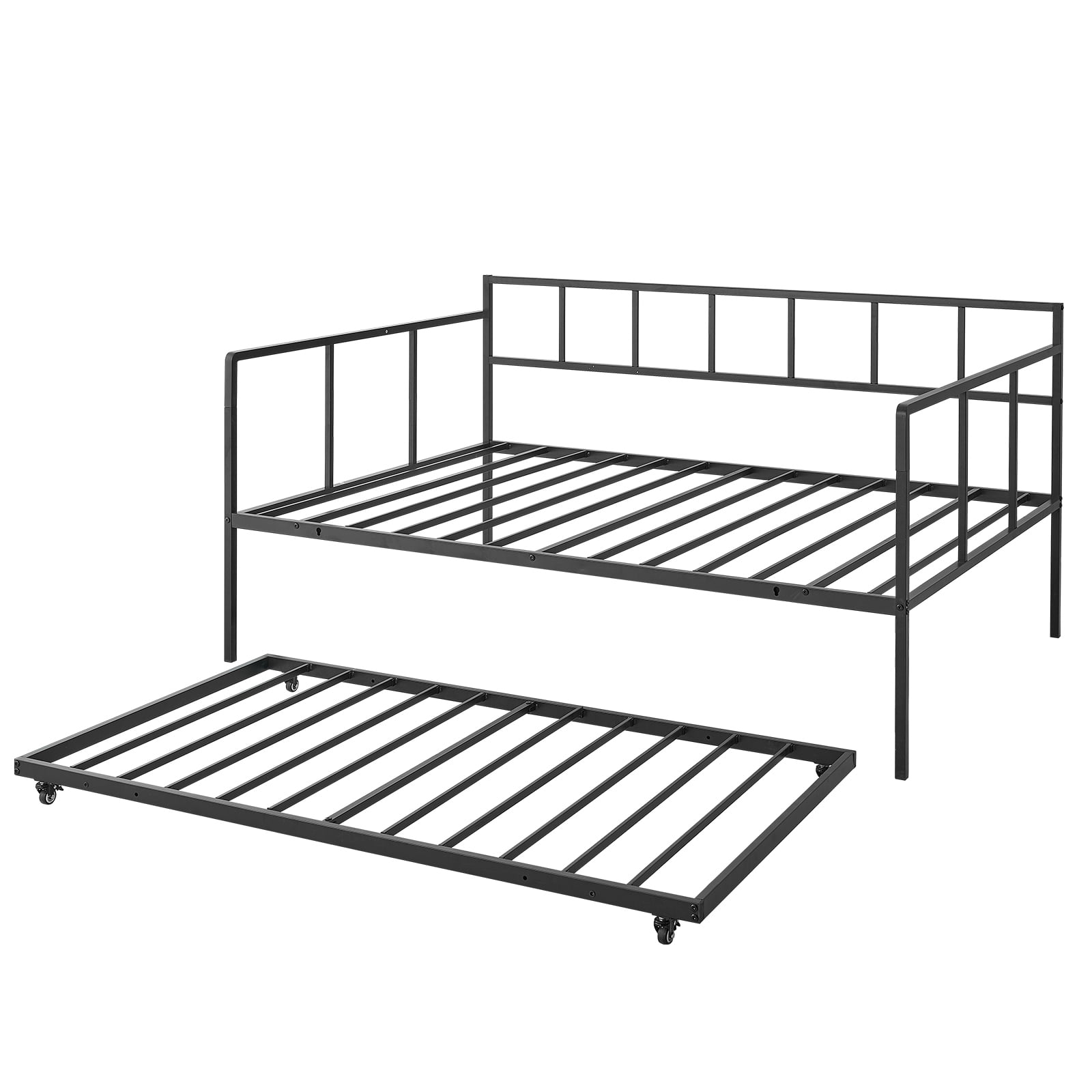 KFFKFF Full-Size Daybed with Pop-Up Trundle Twin Metal Frame, Ideal for Living Room, Bedroom, Durable Metal Construction, Space-Saving Design, Includes 2 Lockable Casters, Simple Assembly, Black