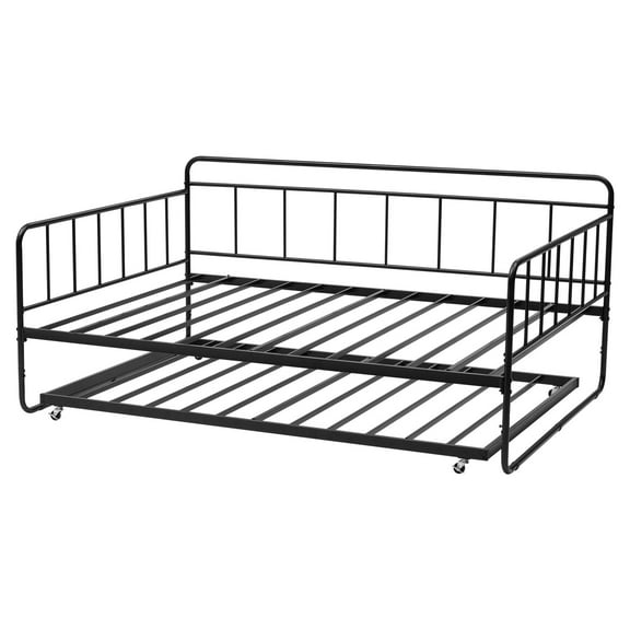 KFFKFF Full-Size Metal Daybed Frame with Trundle, Sturdy Platform Bed with Slat Support, Ideal for Living Room, Bedroom, or Guest Room, Easy to Assemble, Black