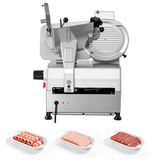 KFFKFF Fully Automatic Meat Slicer with 10" Carbon Steel Blade, 180W + 370W Motor, Adjustable Thickness 0-0.3", Built-In Sharpener for Frozen Meat, Ham, Bread, and Steak