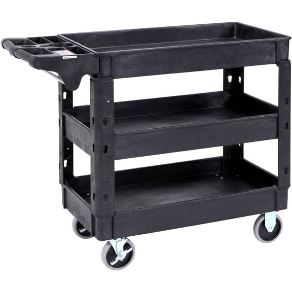 KFFKFF Functional Service Trolley, Triple Tier 550LBS Robust Plastic Mobile Utility Cart with 360° Rotating Wheels (2 with Stoppers), Mid-Sized Rimmed Shelf, Comfortable Storage Grip