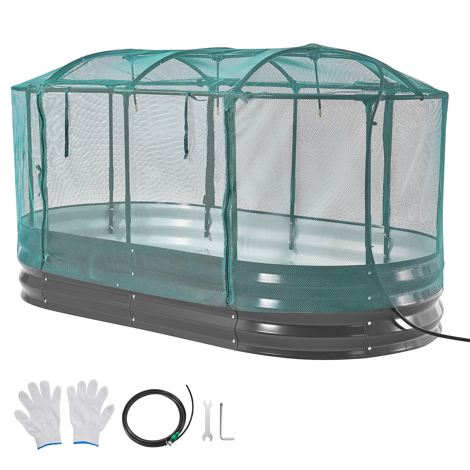 KFFKFF Galvanized Raised Garden Bed, 6 x 3 x 1 ft, with Integrated Watering System and Protective Mesh Cover, Oval Metal Planter Box for Outdoor Use, Rust-Resistant Alu-Zinc, Dark Gray