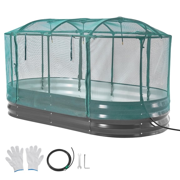 KFFKFF Galvanized Raised Garden Bed, 6 x 3 x 1 ft, with Integrated Watering System and Protective Mesh Cover, Oval Metal Planter Box for Outdoor Use, Rust-Resistant Alu-Zinc, Dark Gray