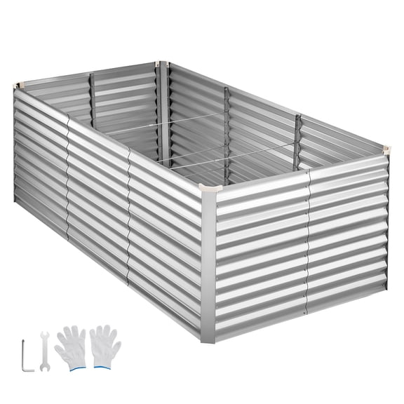KFFKFF Galvanized Raised Garden Bed, 8 x 4 x 3 ft, Rectangular Metal Planter Box Kit for Outdoor Use, Bottomless Elevated Planting Box with Gloves, Rust-Resistant Alu-Zinc Material, Silver