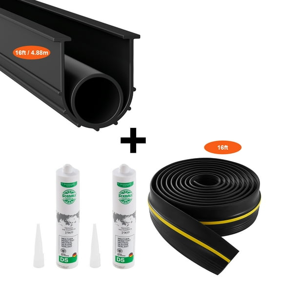 KFFKFF Garage Door Threshold and Bottom Seals Kit, 16 FT U-Shape with O-Ring Universal Bottom Seal Weatherstrip PVC, Includes Weatherproof Threshold Seal Strip with Adhesive, Black