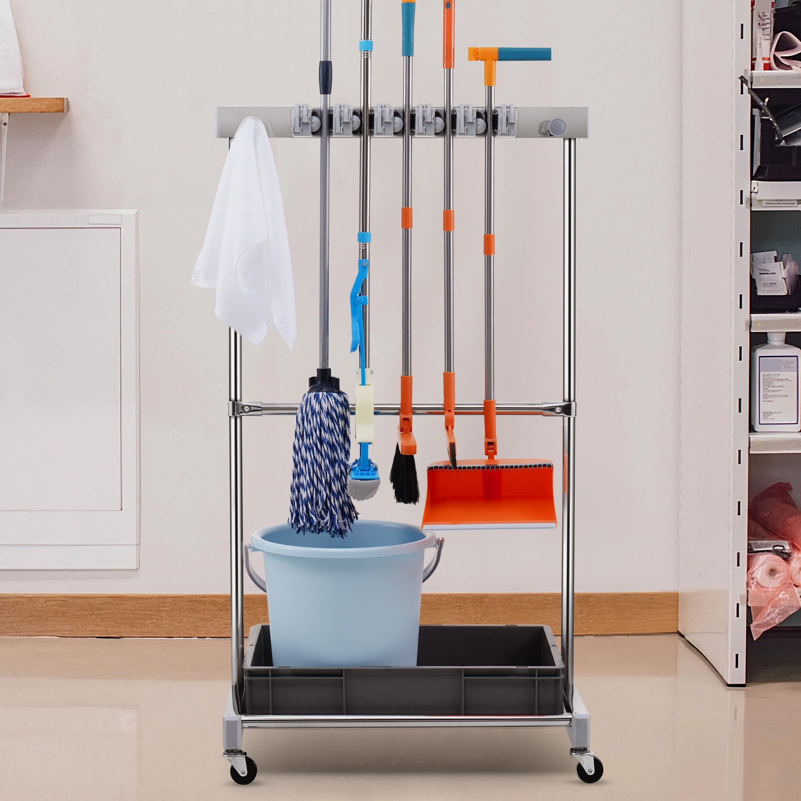 KFFKFF Garden Tool Storage Rack with Wheels Garage Organizer 10 Slots with Hooks