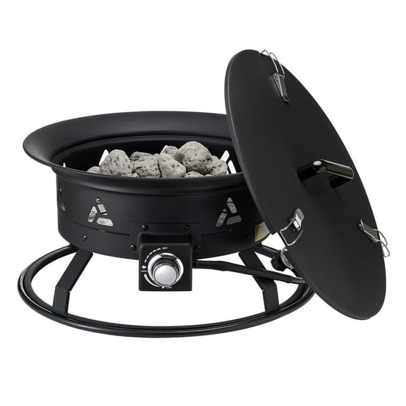 KFFKFF Gas Fire Pit, 24-Inch Round Outdoor Portable Propane Fire Pit with Protective Cover & Lava Stones, Modifiable Flame Intensity, Ideal for Warming, Illumination, Social Events,58,000 BTU,Black