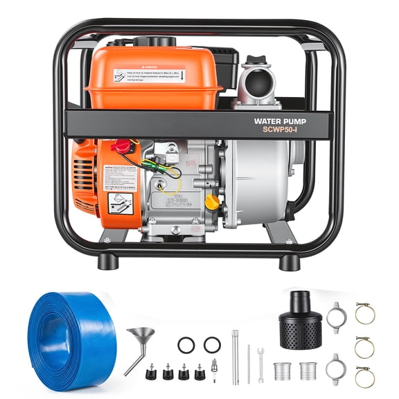 KFFKFF Gas-Powered 2-Inch Water Pump, 132 GPM 6.5HP Semi-Trash Pump with Portable Design, Gasoline Engine, 25 ft Discharge Hose, Durable Frame, Cast Iron Impeller, Ideal for Irrigation, Ponds