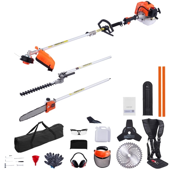 KFFKFF Gas Powered Hedge Trimmer, 2-Cycle Handheld Tool with 5-in-1 63cc Cordless Design, Includes Hedge Trimmer, String Trimmer, Brush Cutter (3T & 40T Blades), Pole Saw, and Protective Gear Set