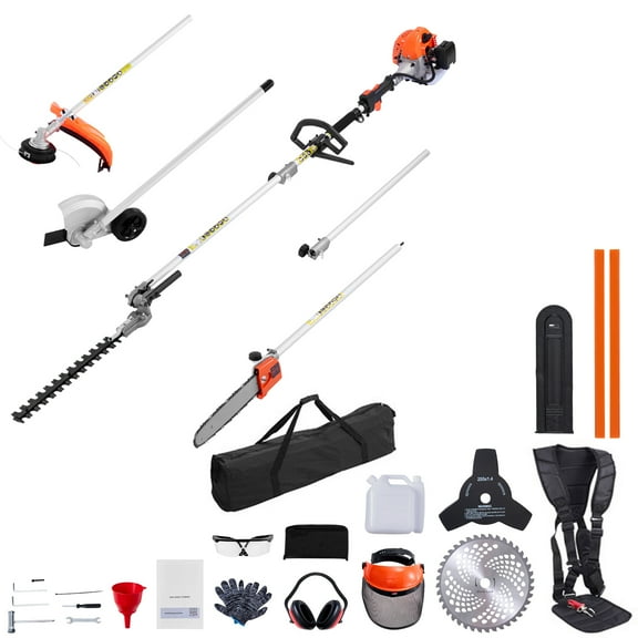 KFFKFF Gas-Powered Hedge Trimmer, 2-Cycle Handheld Tool, 6-in-1 26cc Multi-Functional Trimmer with Extension Pole & Safety Gear, Includes Hedge Trimmer, String Trimmer, Brush Cutter (3T & 40T), Edger