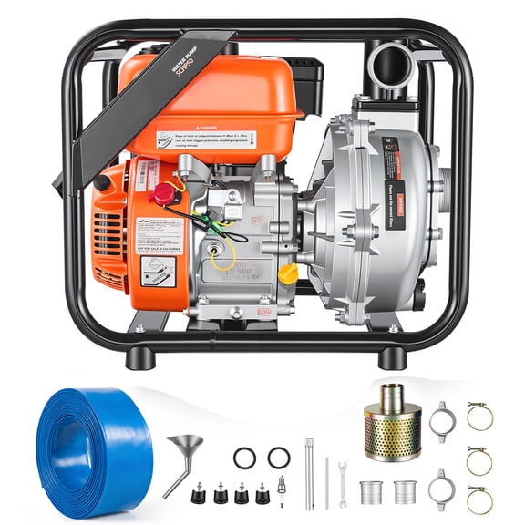 KFFKFF Gas-Powered Water Pump, 2-Inch, 128 GPM, 6HP Semi-Trash Pump with Portable Design, Gasoline Engine, 25 ft Discharge Hose, Durable Frame, Cast Iron Impeller for Irrigation, Ponds, and Pools