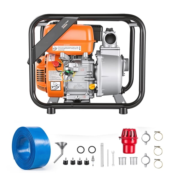 KFFKFF Gas-Powered Water Pump, 2-Inch, 132 GPM, 7HP Semi-Trash Pump with Portable Design, Gas Engine, 25 ft Discharge Hose, Durable Frame, Cast Iron Impeller, Ideal for Irrigation, Ponds, and Pools
