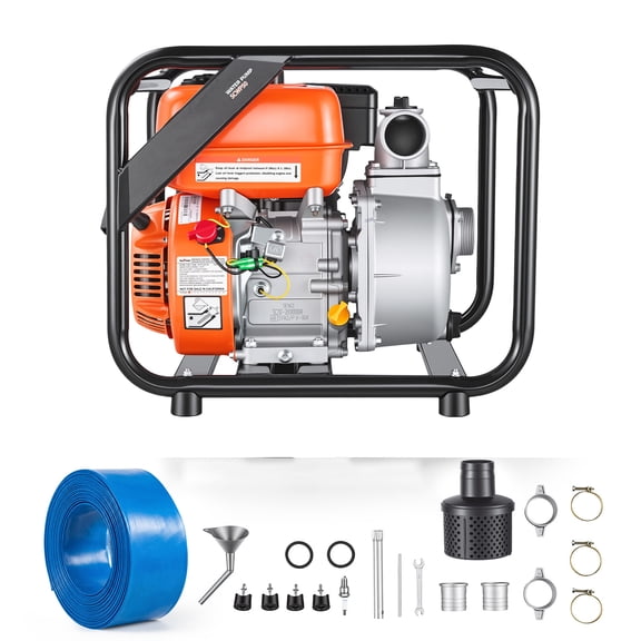 KFFKFF Gas-Powered Water Pump, 2-Inch, 142 GPM, 7HP Semi-Trash Pump with Portable Design, Gas Engine, 25 ft Discharge Hose, Durable Frame, Cast Iron Impeller for Irrigation, Ponds, and Pools