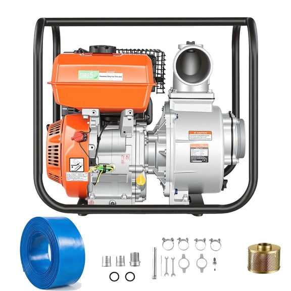 KFFKFF Gas-Powered Water Pump, 2-Inch, 158 GPM, 7HP Semi-Trash Pump with Portable Design, Gas Engine, 25 ft Discharge Hose, Durable Frame, Cast Iron Impeller for Irrigation, Ponds, and Pools