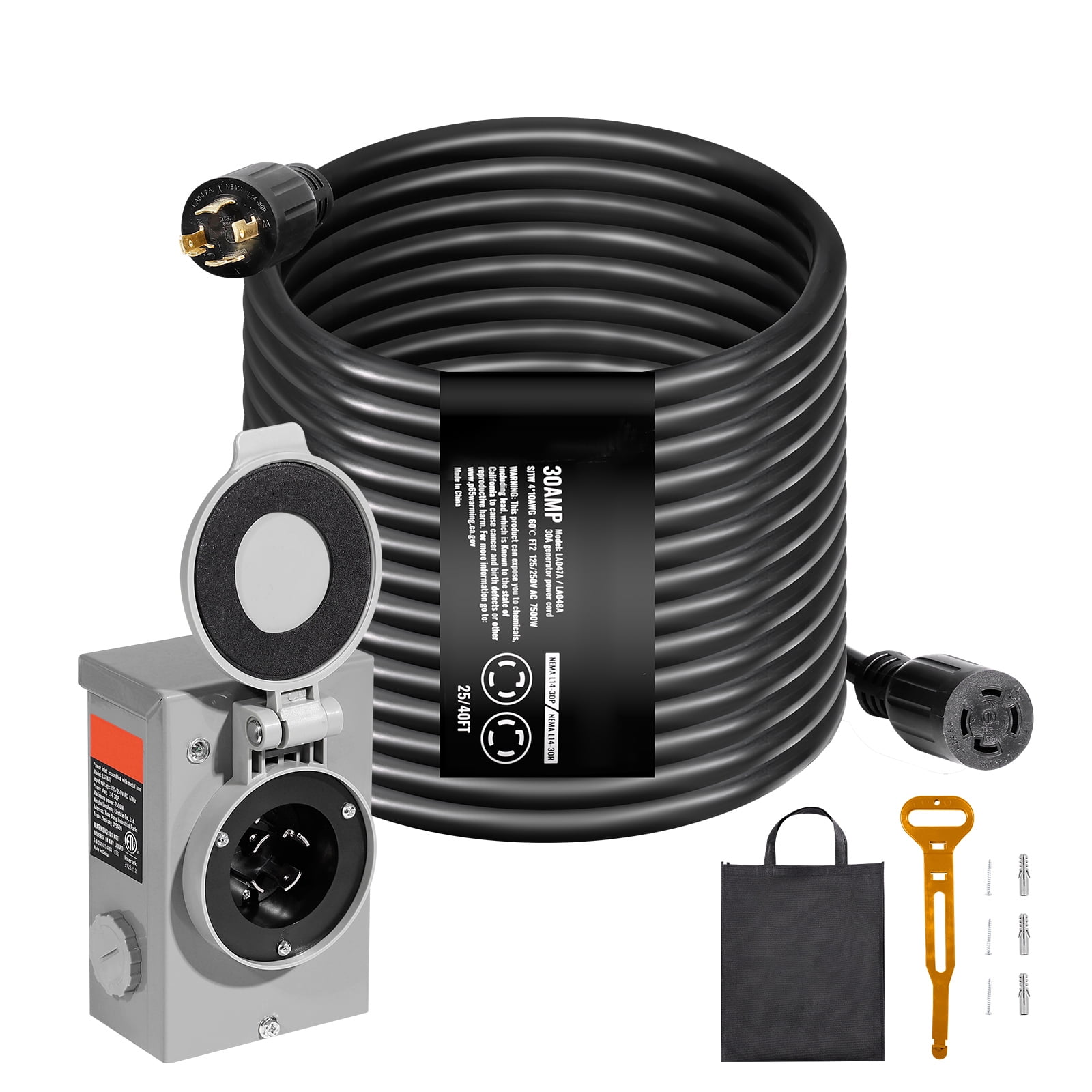 KFFKFF Generator Connection Kit, 40 FT Cord \u0026 Power Box, 30A, NEMA L14-30P/R, STW 10 AWG Extension with Locking Plug, Outdoor RV Use, ETL Certified