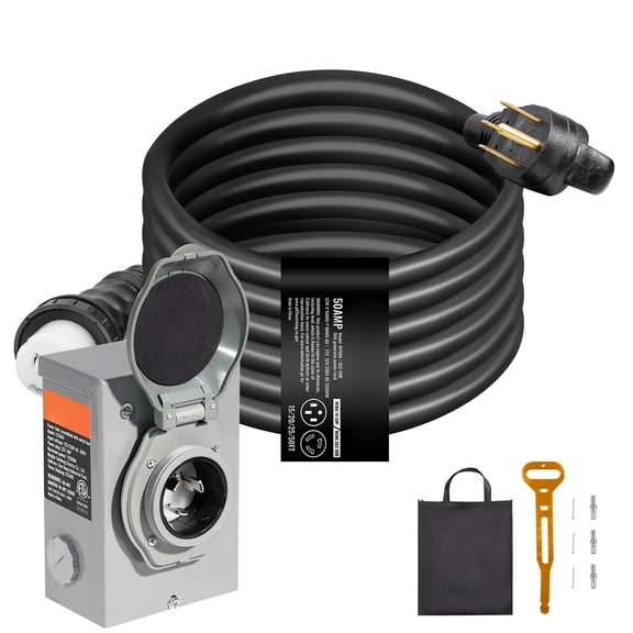 KFFKFF Generator Connection Kit with 15FT Cord, 50 Amp, NEMA 14-50P/SS2-50R, 6/3+8/1 AWG, Twist Lock, Pre-Drilled Power Inlet Box, ETL Certified