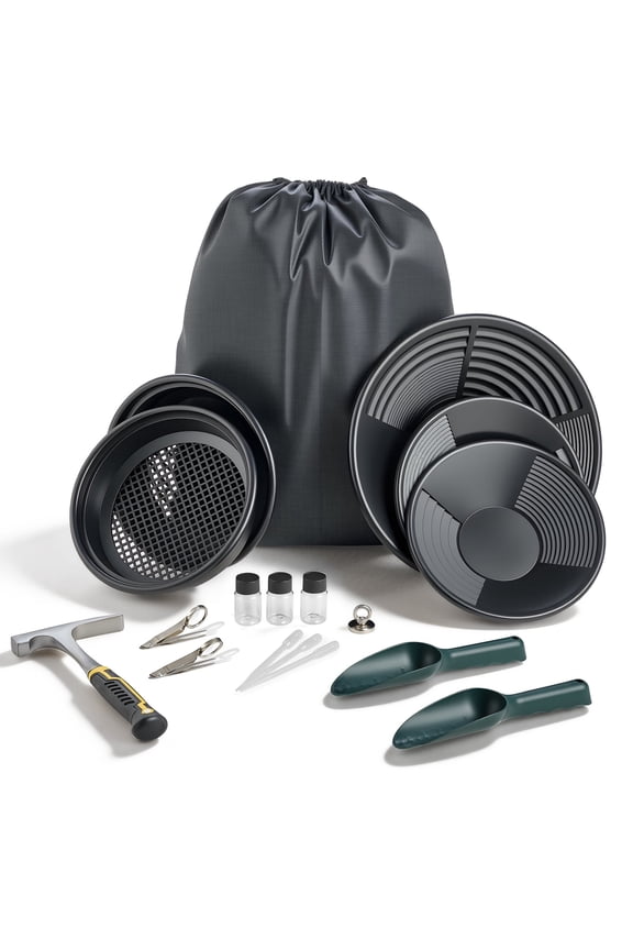 Gold Panning Kit, 10 in and 14 in Pans, 19-Piece Portable Prospecting Set with Classifier Sieves, Sand Magnet, Rock Pick, Scoops, Backpack, and Tools for Outdoor Gold Recovery