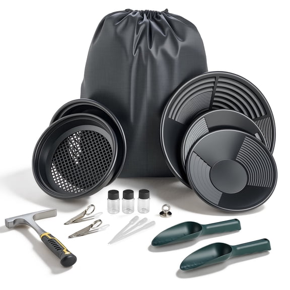 KFFKFF Gold Panning Kit, 10 in and 14 in Pans, 19-Piece Portable Prospecting Set with Classifier Sieves, Sand Magnet, Rock Pick, Scoops, Backpack, and Tools for Outdoor Gold Recovery