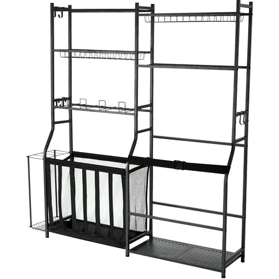 KFFKFF Golf Gear Organizer, Dual Golf Bag Stand & Sports Equipment Storage Rack, Outdoor Metal Ball Trolley, Athletic Gear Shelving with Bins & Hooks, Black