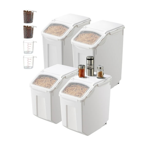 KFFKFF Grain Storage Unit, 3.5Gal/15Lx2 + 4.5Gal/20Lx2 Sizeable Canine Feed Distribution Container, Kitchen Grain Cereal Storage, Pet Feed Holders on Wheels, 4 Measurement Cups, Secure Lid, Set of 4