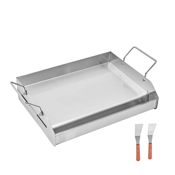 KFFKFF Griddle in Stainless Steel, Dimensions 17x13 inches, Flat Rectangular Universal Plate, Suitable for BBQ Grill, Teppanyaki, Compact Cookware with Handle, Ideal for Outdoor Activities