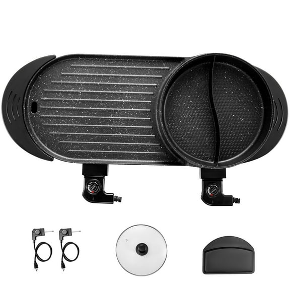 KFFKFF Grill and Hot Pot Combo, 2200W Electric BBQ and Hotpot, Korean Shabu Shabu Style, Dual Temperature Control, Non-stick Surface, Suitable for Family Gathering of 1-6 Persons