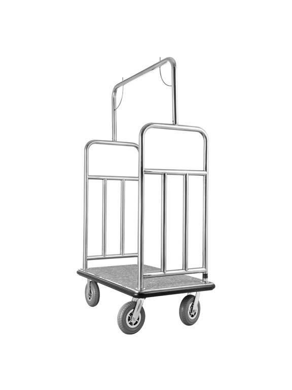 Guest Baggage Trolley, Supports up to 1200 LBS, Polished Stainless Steel Bellhop's Trolley, Servant Cart featuring Grey Carpeted Platform and 8-inch Rubber Tyres